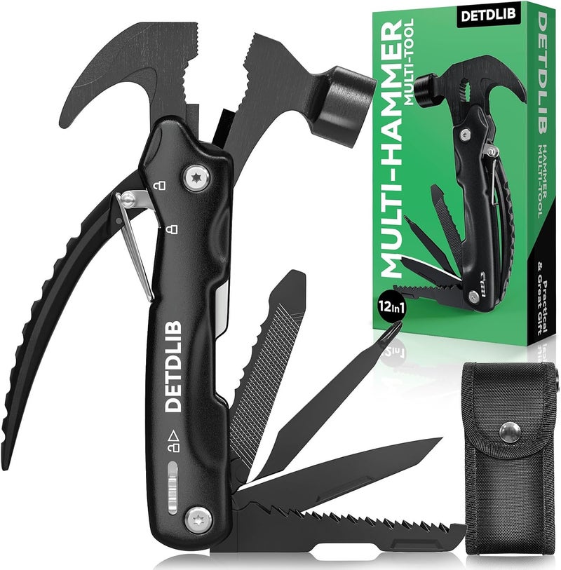 DETDLIB12-in-1 Multitool Hammer, Birthday Gifts for Men, Essential for Camping, Hiking, Cool Gadget Valentines Day Gifts for Him, Men, Husband, Dad, Father, Mechanic, Women, Black - Image 1